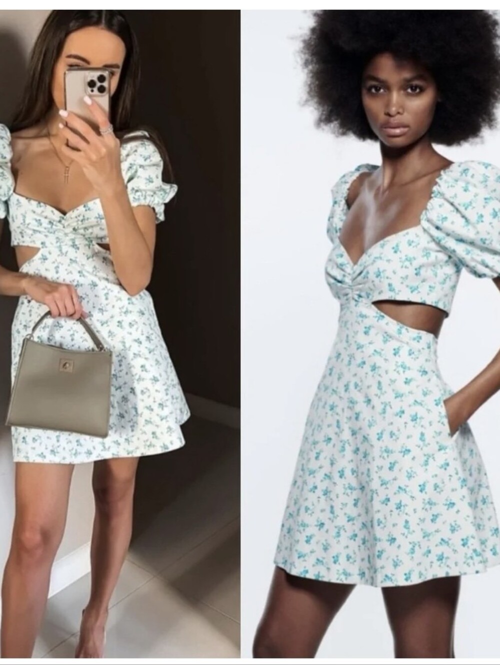 Zara Cut Out Floral Print Puff Sleeve Mini Dress Size Small NWT
